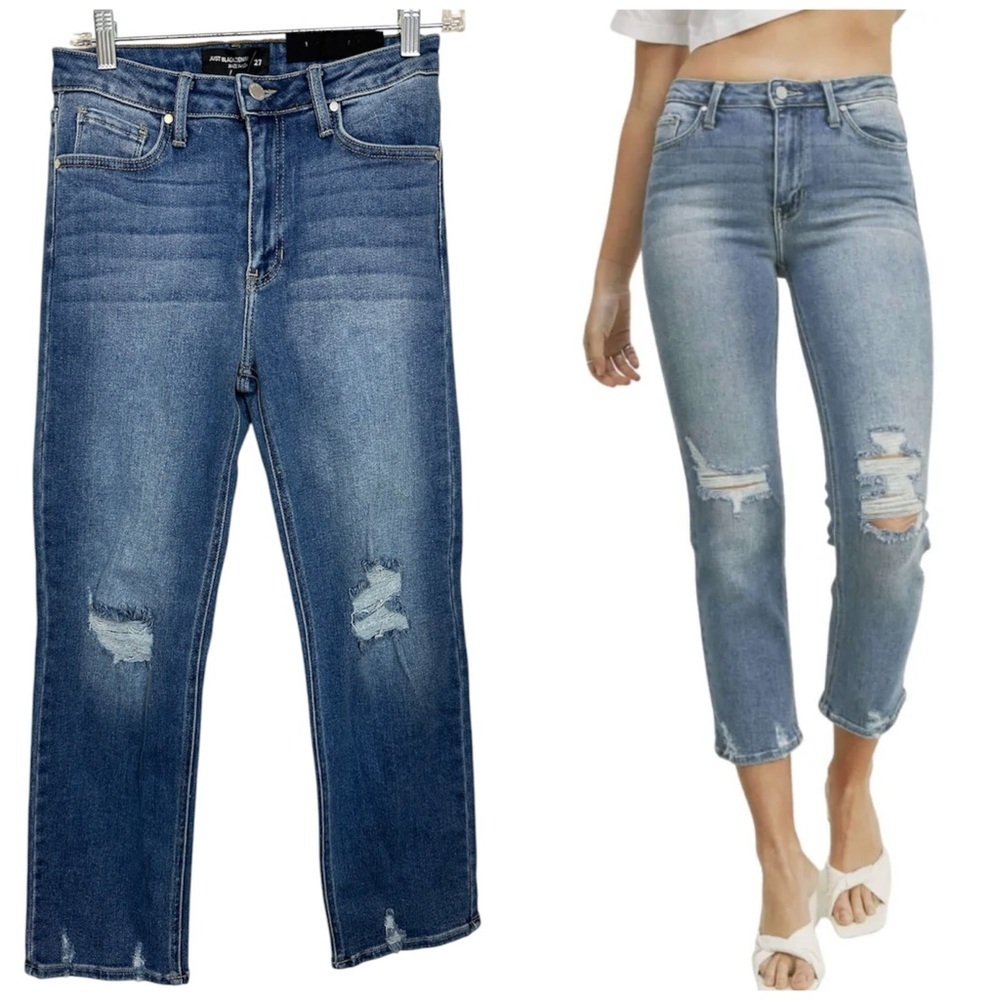 Just Black Denim Distressed Straight Leg Cropped Medium Wash Stretch Denim Jeans